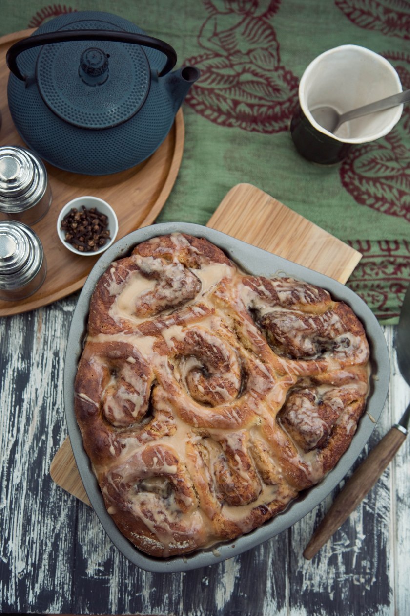 chai cinnamon buns in heart tin